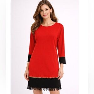 SIGNATURE CAMRYN Fringed Hem Red & Black ColorBlock Dress L NWOT